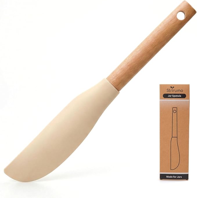 10.7" Silicone Jar Spatula with Natural Beechwood Handle, Removable Flexible Scraper Head for Deep Jars, Thick Non-Stick Small Spatula for Sourdough, Peanut Butter, Blenders & Baking, Cream