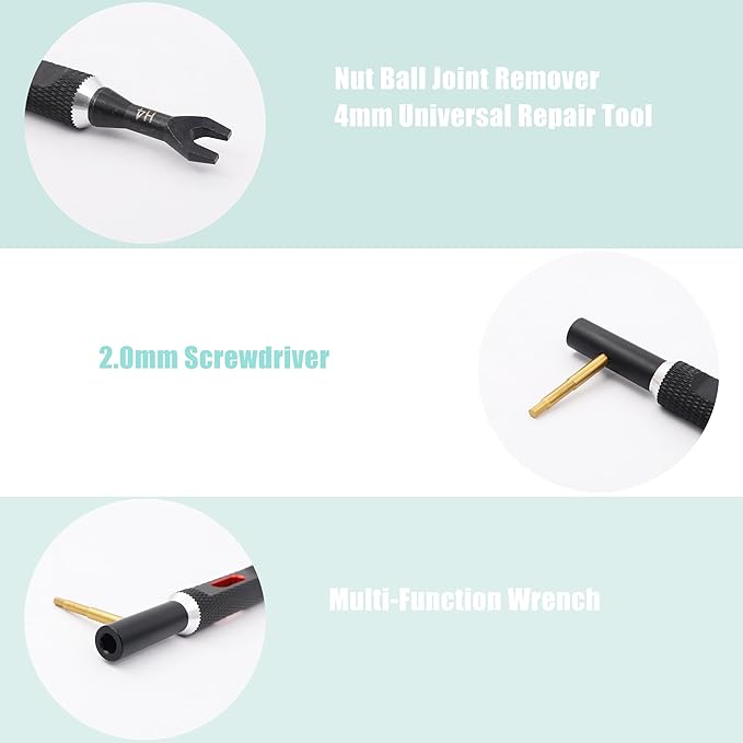 RC Multi-Function Wrench Turnbuckle Nut Ball Joint Remover 4mm Universal Repair Tool with 2.0mm Screwdriver for 1/10 1/8 1/24 Crawler Truck Off Road Car Boat Drone Airplane(Black Red)