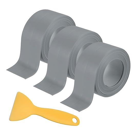 3 Rolls Caulk Tape Self Adhesive Caulk Strip Waterproof,Gray Caulking Sealant Trim for Bathroom, Caulk Sealing Strip for Toilet Sink Edge Protector with Sealing Tool (10.5Ft x 1.5In)