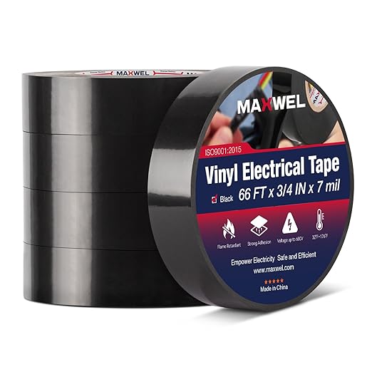 5 Rolls PVC Black Electrical Tape – Vinyl Professional Electric Tape, Waterproof, Flame Retardant, 3/4 in x 66 ft per Roll, Multipurpose Wire & Cable Insulation for Home, Auto & Industrial Use