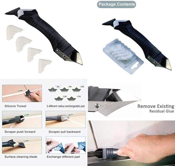 Generic 3 in 1 Silicone Caulking Tool | Caulk Removal Tool | Grout Removal Tool | Caulk Removal Tool for KitchenBathroom, Windows and Sink Joints (Stainless Steel Head)