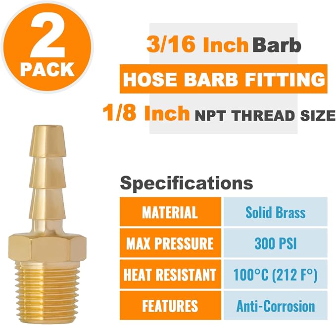 SUNGATOR Hose Barb Fittings 3/16 Inch Barb × 1/8 Inch NPT, Brass Air Hose Fittings, 3/16" to 1/8" NPT Male Air Line Repair Connector Kit, Brass Male Thread Pipe Adapter (2 Pack)