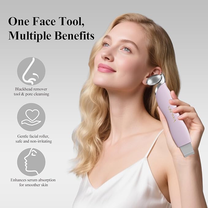 Blackhead Remover Tool with Ice Roller, Stainless Steel Face Scraper, Skin Scrubber Face Spatula for Deep Cleansing, 3-in-1 Skin Care Tool with 2 Silicone Brush Heads(Berry Mauve)