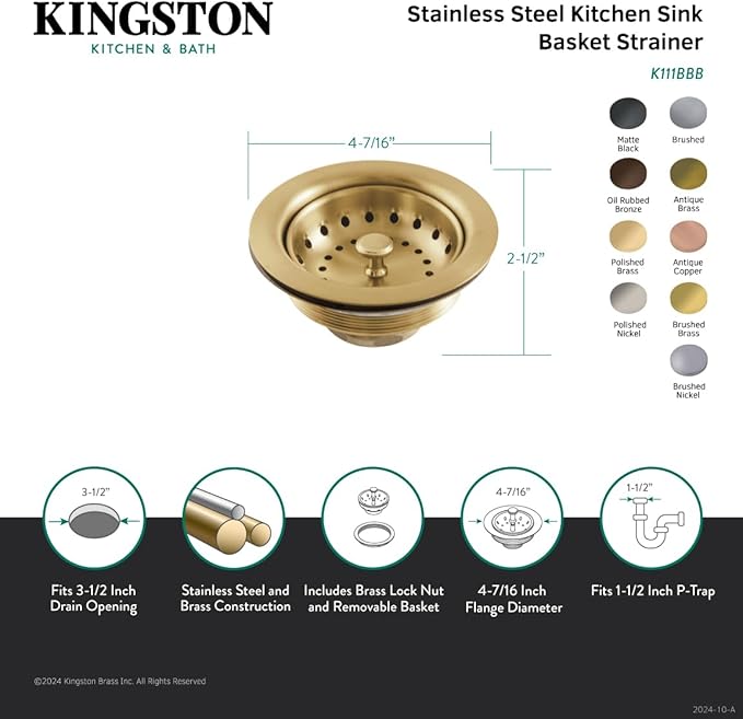 Kingston Brass K111BPN Tacoma Stainless Steel Kitchen Sink Basket Strainer, Polished Nickel