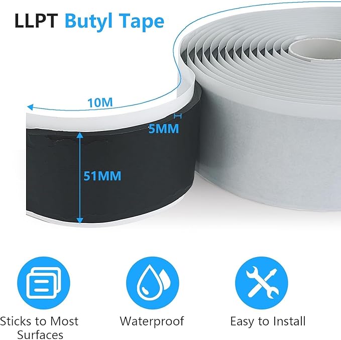 LLPT Butyl Tape Black 2 Inch x 33 Feet 5mm Thickness Water Tight Seal for Leak Proof EPDM RV Repair Window Glass Boat Sealing Roof Pipe Patching(BST5110)