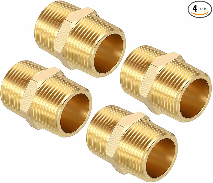 Pack of 4, 3/4" MNPT To 3/4" MNPT Solid Brass Hex Nipple Hose Connectors W/Sealing Tapes, Male Pipe Adapter for Pipe Leak Repair, Bathroom Remodeling, Tool Extension, Compression