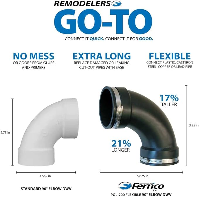 Fernco 2" Flexible PVC 90-Degree Elbow Includes Optional 1.5" Reducer Bushing for DWV Cast Iron, Steel and Plastic Pipe Connections