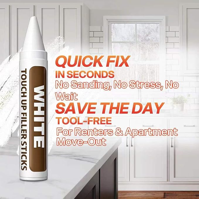 White Wood Filler Sticks 3 Pack – Wax Putty Repair Pen & Marker Kit to Fix Nail Holes, Scratches & Dings in Baseboard, Cabinet, Trim, Wall & Furniture, Renter-Friendly & Move-Out Essential, Pure White