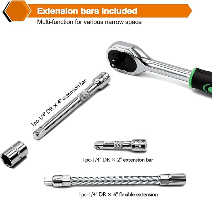 Egofine 46 Pieces 1/4 inch Drive Socket Ratchet Wrench Set, with Bit Socket Set Metric and Extension Bar for Auto Repairing and Household, with Green Storage Case