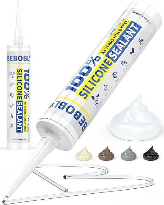Silicone Caulk & Sealant Clear, 100% Waterproof Silicone Sealant, Shrink & Crack Proof, Silicone Sealant Caulking for Kitchen, Bathroom, RV, Interior & Exterior Use, 10.2 FL. OZ/300ML, 1 Pack