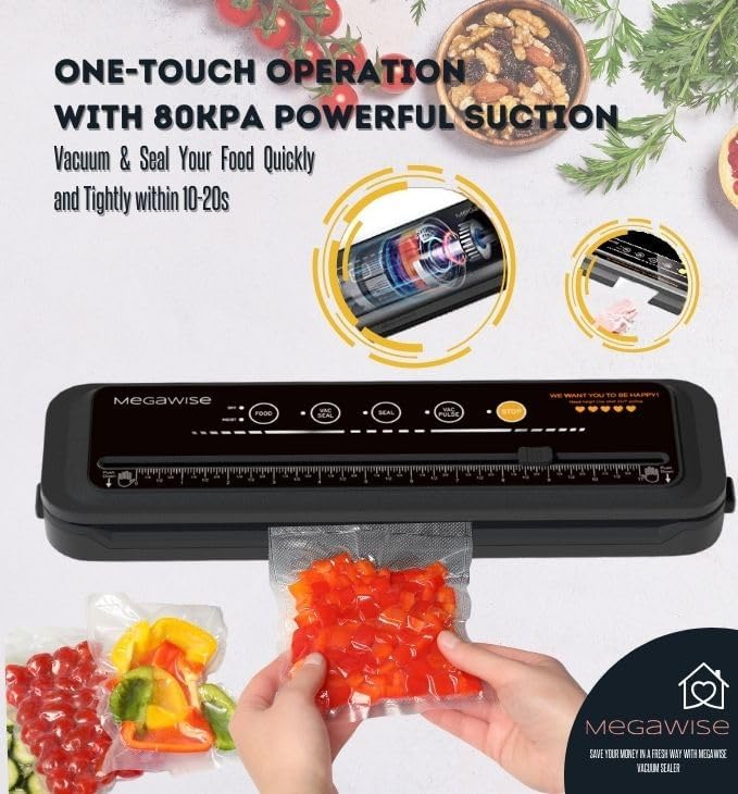 Updated Vacuum Sealer Machine (2025), MEGAWISE Food Sealer w/Starter Kit, Dry & Moist Food Modes, Compact Design with 10 Vacuum Bags & Built-in Cutter