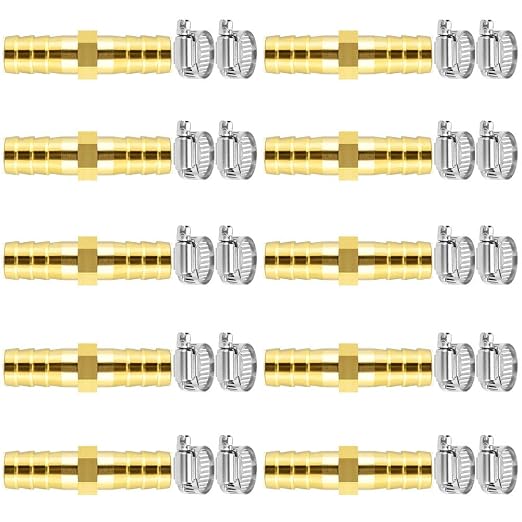 Da by 10 pcs 3/8"(10mm) Barb Splicer Mender Hose Brass Barb Fitting with 20 pcs Stainless Steel Pipe Clamps for Water/Fuel/Air