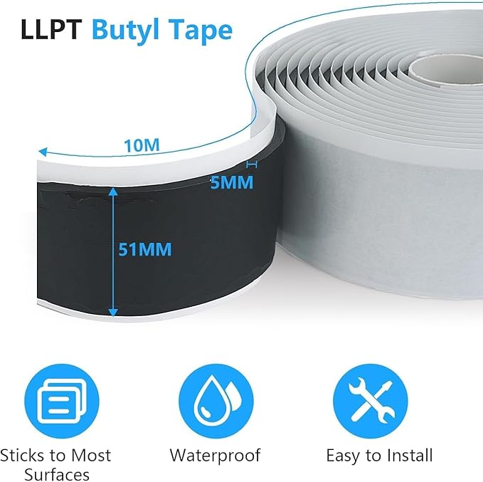 LLPT Butyl Tape Black 2 Inch x 16.5 Feet 5mm Thickness Water Tight Seal for Leak Proof EPDM RV Repair Window Glass Boat Sealing Roof Pipe Patching(BST5105)