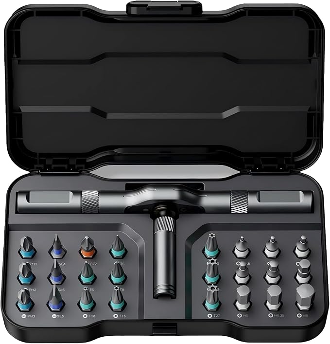 ATuMan 24 in 1 magnetic ratchet screwdriver set, Mini Bit Driver Kit with Reversible T-Handle, 40-Tooth Magnetic Multi-Bit Tool for Tight Spaces, Furniture Assembly, Bike Repair & EDC, with Case