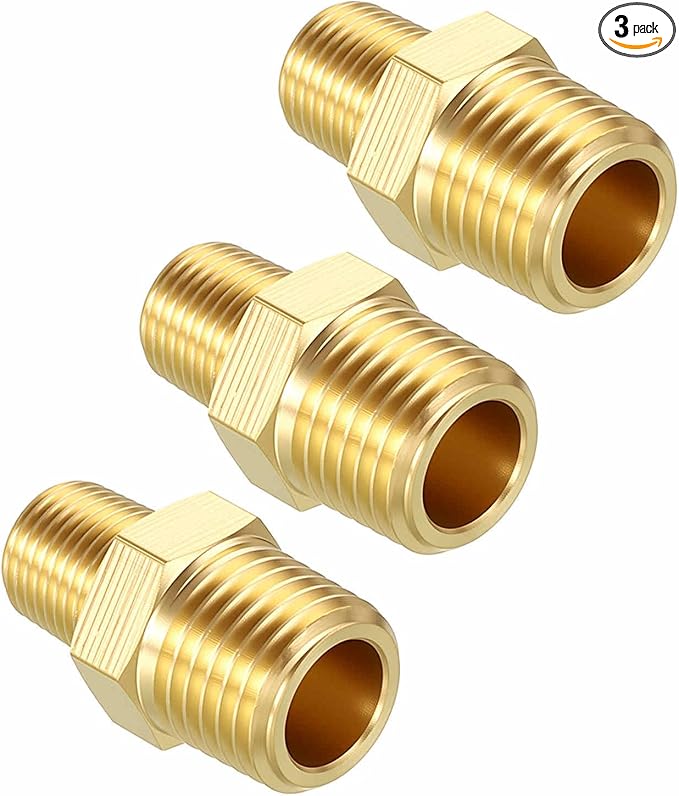 Pack of 3, 1/4" MNPT To 1/8" MNPT Solid Brass Hex Nipple Hose Connectors, Male Pipe Adapter for Pipe Leak Repair, Bathroom Remodeling, Tool Extension, Compression