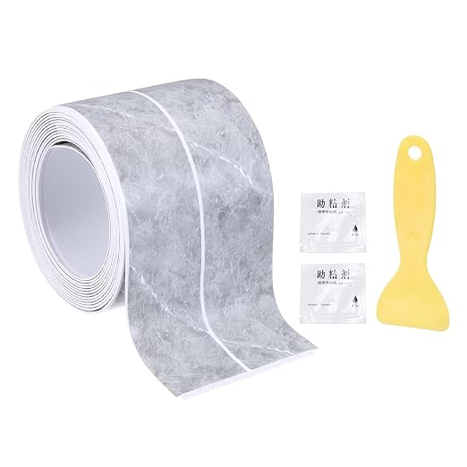 uxcell Caulk Tape Waterproof, 1.42 Inch x 4.92 ft Self-Adhesive Sealant Sealing Strip Caulking Sealant Tape PVC with Tool for Kitchen Sink Toilet Bathroom Bathtub Floor, Gray Marble