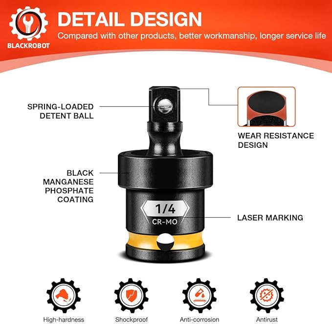 BLACKROBOT 1/4" Drive Impact Universal Joint Set, CR-MO Swivel Socket Adapter for Bicycle Repair & Home DIY, Flexibly Reach Tight-Angle Fasteners
