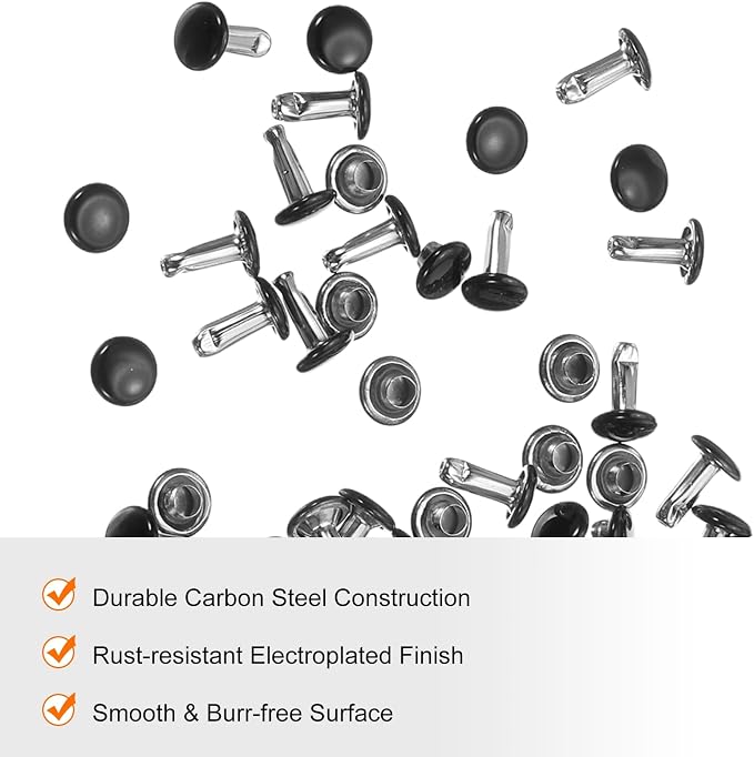 HARFINGTON 100 Sets Double Cap Leather Rivets, 6x8mm Round Cap Tubular Metal Studs Leather Crafting Rivets for Fabric Belt Pet Collar Boot Bag Repair and Decoration, Black