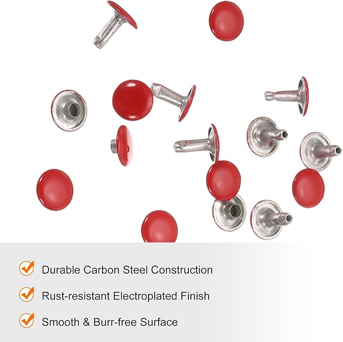 HARFINGTON 100 Sets Double Cap Leather Rivets, 10x10mm Round Cap Tubular Metal Studs Leather Crafting Rivets for Fabric Belt Pet Collar Boot Bag Repair and Decoration, Red