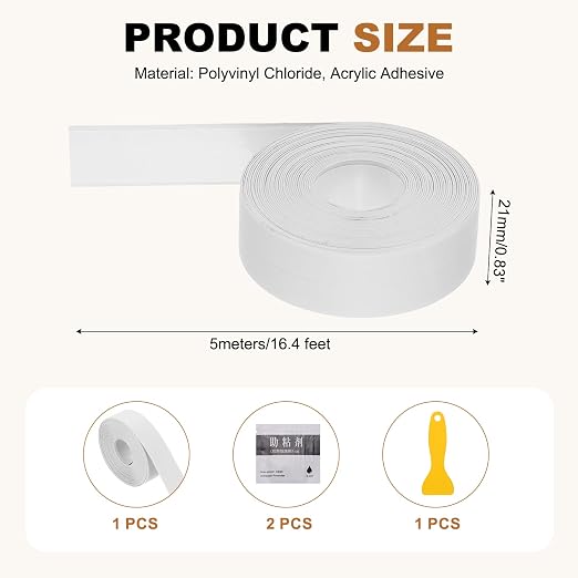 uxcell Caulk Tape Waterproof, 0.83 Inch x 16.4 ft Self-Adhesive Sealant Sealing Strip Caulking Sealant Tape PVC with Tool for Kitchen Sink Toilet Bathroom Bathtub Floor, White