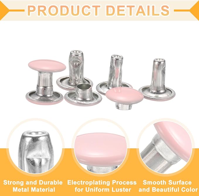 uxcell 120Set Leather Rivets, 8mm Double Cap Rivet Tubular Metal Studs Repairs Decoration Craft Accessories for Repair Decorate Leather Craft Belt Bag Shoes Purse Belts, Pink