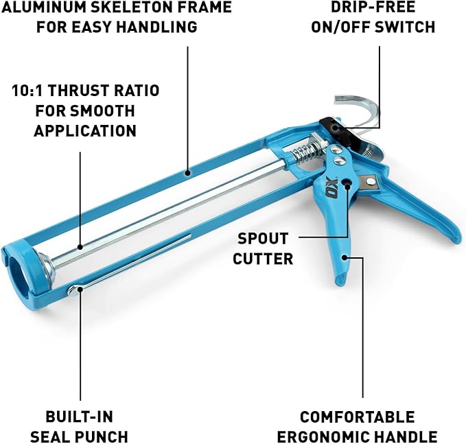 OX Caulk Gun Manual 10 oz No Drip Caulking Gun Heavy Duty for Silicone with Drip Free On Off Switch Built-in Spout Cutter Seal Punch 10:1 Thrust Ratio Skeleton Frame - Pistola De Cokin