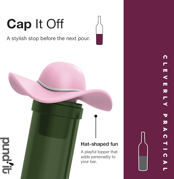 Pund'it Cap It Off Wine Bottle Stoppers, Set of 2 Stylish Hat Silicone Champagne and Wine Corks