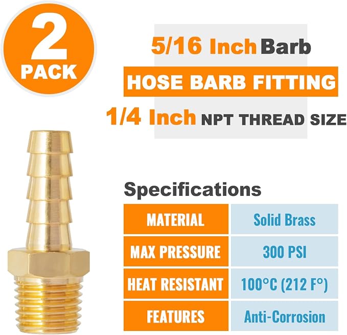 SUNGATOR Hose Barb Fittings 5/16 Inch Barb × 1/4 Inch NPT, Brass Air Hose Fittings, 5/16" to 1/4" NPT Male Air Line Repair Connector Kit, Brass Male Thread Pipe Adapter (2 Pack)