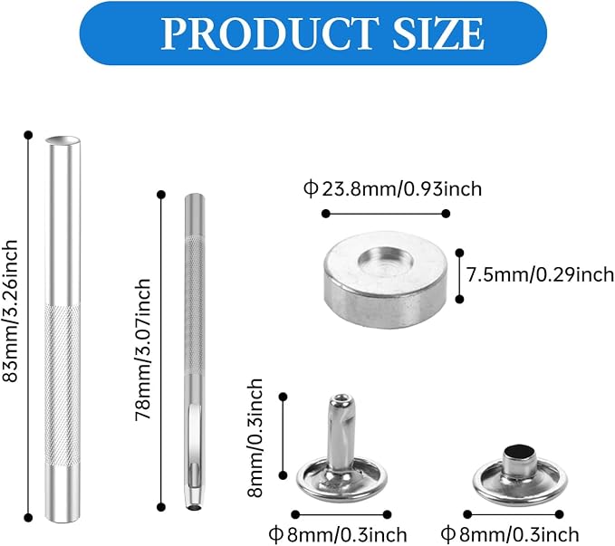 100 Sets Leather Rivets 8x8mm Double Cap Rivets Snaps Metal Studs Fasteners with 3pcs Setting Tools for Leather Craft DIY Repair Decoration, Silver Tone