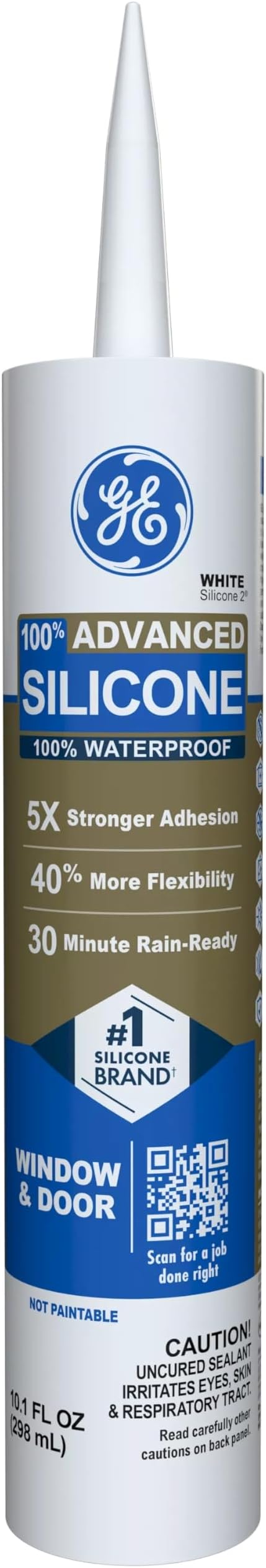 GE Advanced Silicone Caulk for Window & Door, White, 10 fl oz Cartridge, 12 Pack - 100% Waterproof Silicone Sealant, 5X Stronger Adhesion, Shrink & Crack Resistant