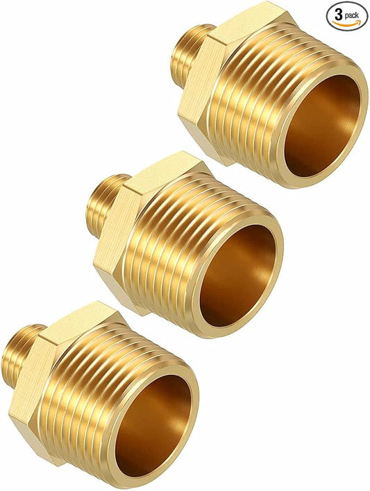 Pack of 3, 3/4" MNPT To 1/4" MNPT Solid Brass Hex Nipple Hose Connectors, Male Pipe Adapter for Pipe Leak Repair, Bathroom Remodeling, Tool Extension, Compression