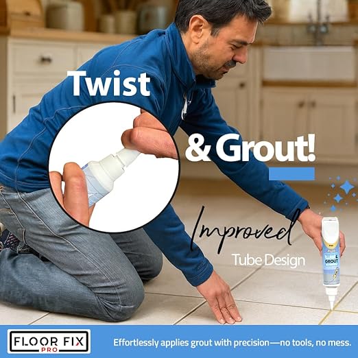 Floor-Fix Pro Twist & Grout Repair Kit – Premixed Waterproof Grout – Fast Tile Grout Reviver for Bathroom, Shower & Kitchen – Crack-Resistant (Cream, 8.8 Fl Oz)