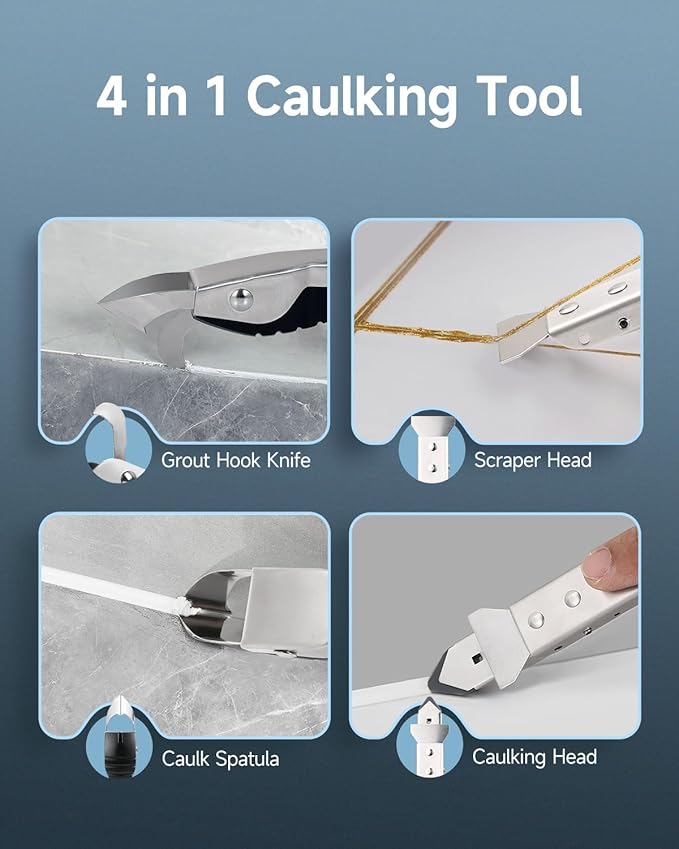 Silicone Caulking Tool Kit, Stainless Steel Caulk Remover Tool, 4 in 1 Grout Removal Tool with Comfortable Grip