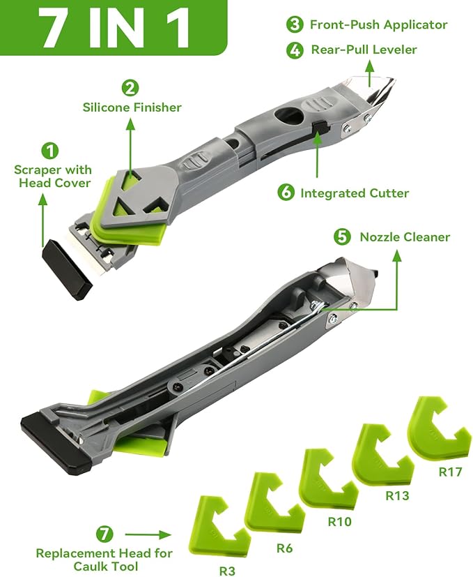 7 in 1 Caulking Tool, Caulk Remover Tool Kit with 5 Pcs Replaceable Silicone Pads, Grout Removal, Scraper for Bathroom, Kitchen and Window Sealant Trimming (7)