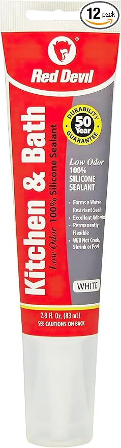 Red Devil 0883 Kitchen & Bath Low Odor Silicone Sealant, 2.8 Oz Squeeze Tube, White, Pack of 12