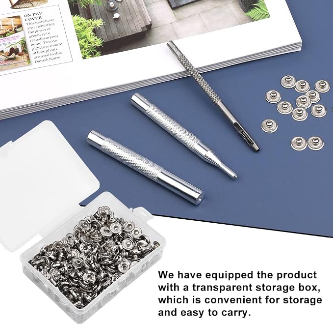 TLKKUE 50 Sets Leather Snap Fasteners Kit 10mm Silver Metal Snap Buttons kit Stainless Steel with 4pcs Snap Fastener Installation Tools for Sewing Clothing, Bracelets, Jackets, Bags Belt, DIY Crafts