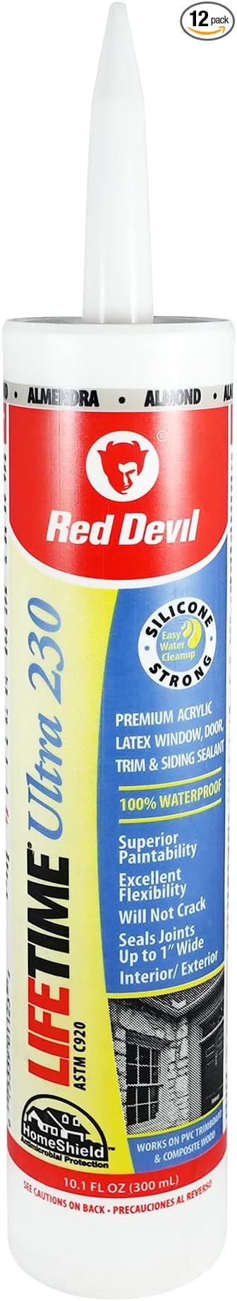 Red Devil 077020 Lifetime Ultra Premium Elastomeric Acrylic Latex Sealant, Almond, 10.1 oz, Pack of 12