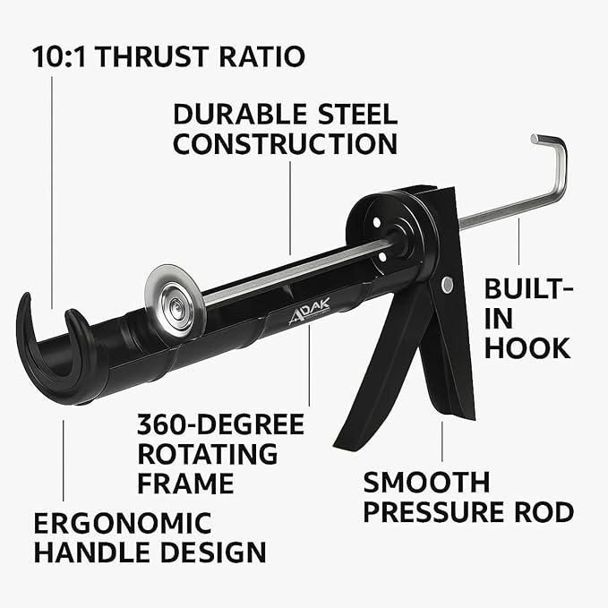 ADAK - Professional Caulking Gun, 10:1 Thrust Ratio, Caulking Gun No Drip, Hand Tool for Silicone & Sealant Application, Smooth Pressure Caulk Gun, Caulking Gun Tool (Whole Black)
