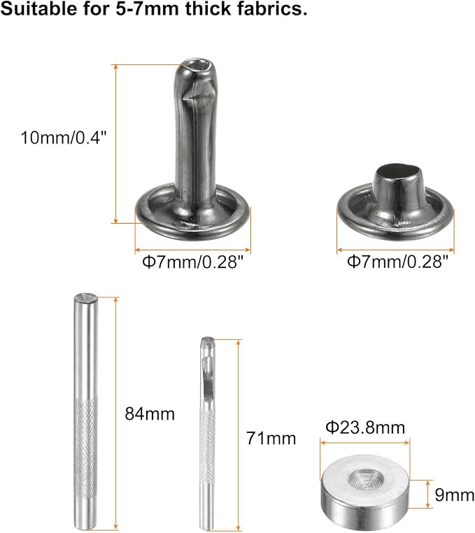 HARFINGTON 100 Sets Leather Rivets 10 x 7mm Metal with 3 Setter Tools Gunmetal
