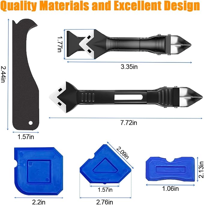 10 PCS Silicone Caulking Tools (Stainless Steel head) 5 in 1 Sealant Finishing Tool Grout Remove Scraper,Caulk Remover Glass Glue Angle Scraper for Bathroom Kitchen Floor,Window,Joint