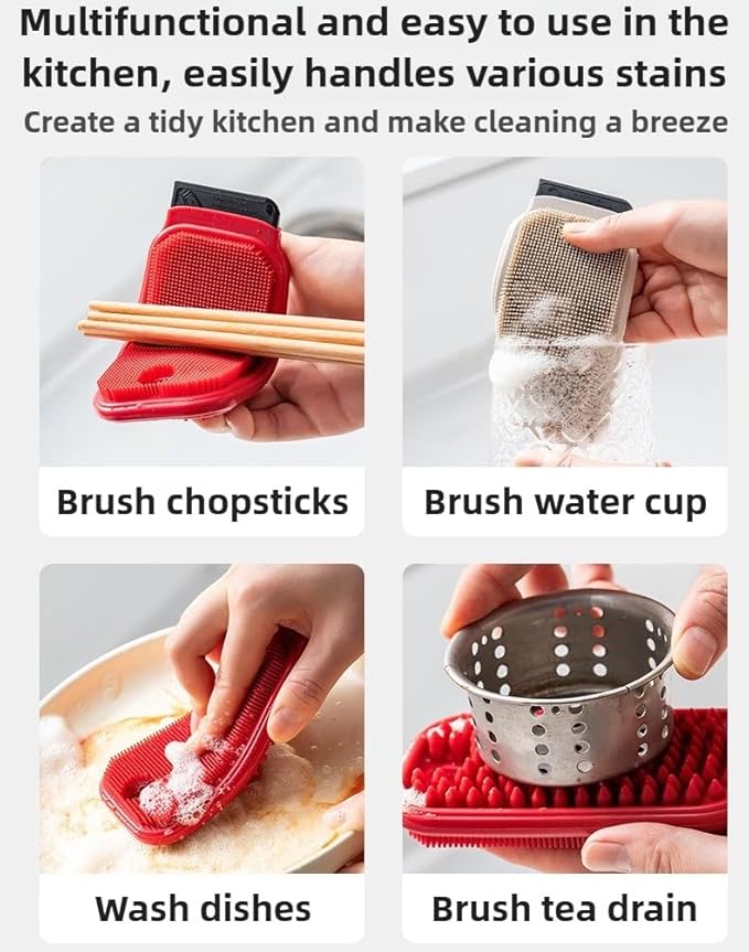 3-in-1 Silicone Dish Sponge-Food-Grade BPA-Free Cleaning Brush with Dual-Sided Comb&Scraper,Hanging Hole for Easy Storage,Fast-Dry Reusable Kitchen Gadget for Dishes/Fruits/Vegetables (Grey 1PCS)