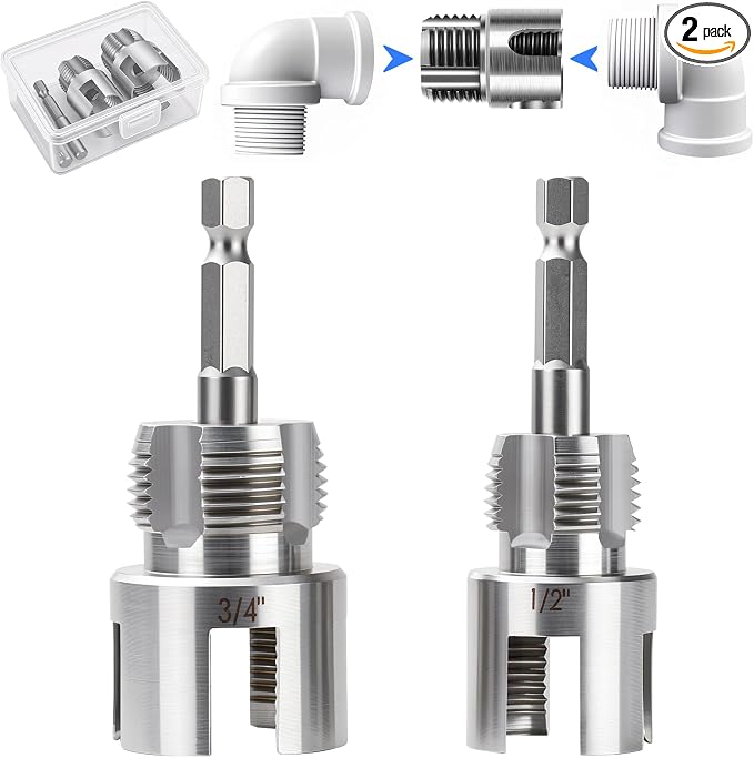 Valkynos 2PCS Internal & External Pipe Threading Tool, 1/2'' 3/4'' PVC Pipe Threader Kit with Storage Case, Heavy-Duty Alloy Steel, Electric Drill Compatible for Plumbing and Home Repair