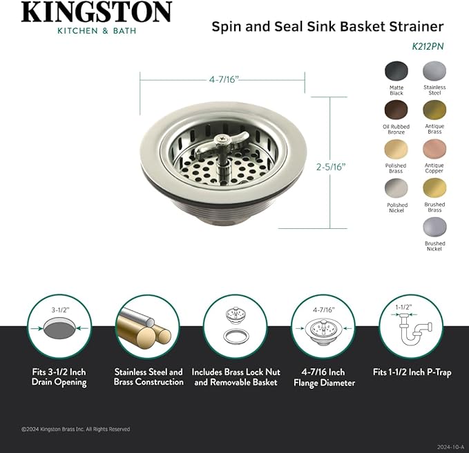 Kingston Brass K212AC Tacoma Spin and Seal Sink Basket Strainer, Antique Copper