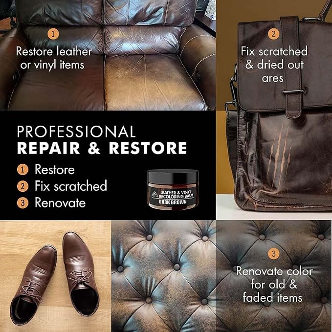 FORTIVO Leather Recoloring Balm, Leather Color Restorer, Scratch Remover, Couch Paint and Repair, Leather Balm for Couches - Dark Brown
