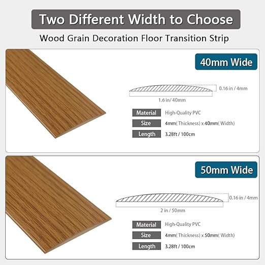 Floor Transition Strip 1.57" Self Adhesive Flat Vinyl Flooring Transitions Strip with Strong Backing Wood Grain 4cm, 3.28FT, Brown Wood Grain