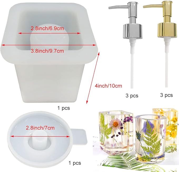 Dispenser Pump Bottle Resin Mold Kit, 1pcs Bathroom Silicone Bottle Mold with 6pcs Pump Dispenser for Soap,Shampoo,Lotions, Pump Bottles Mold for Hand Sanitizer, Conditioner, Home Decor(Square)