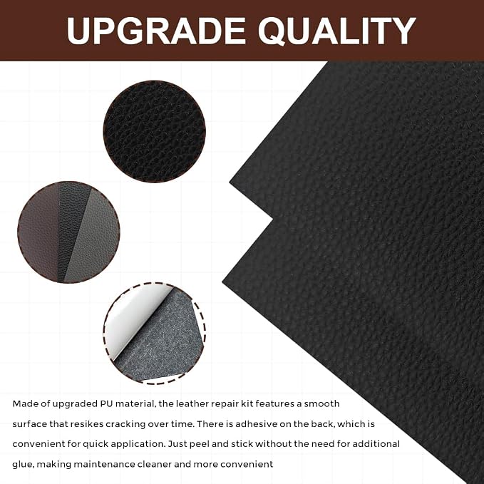 2PCS Leather Repair Patch Tape, Vinyl Patch, 4 x 8 Inches PU Vinyl Repair Patches for Car Upholstery Seat, Self Adhesive Leather Repair Patches for Furniture, Couch, Sofa, Car Seats (Black)