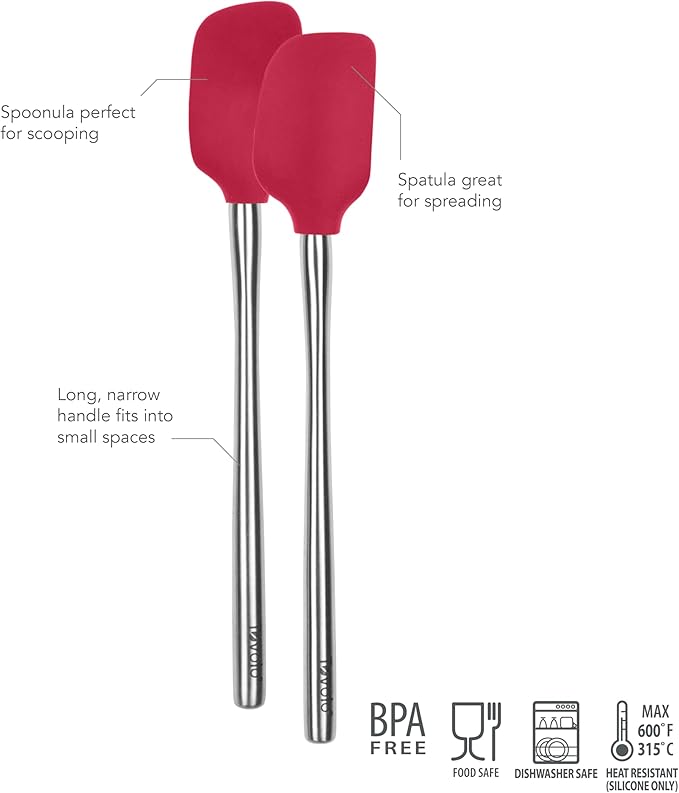 Tovolo Flex Core Mini Silicone Spatula Spoonula Set of 2 with Stainless Steel Handles for Cast Iron Non Stick Cooking Baking Dishwasher Safe Heat Resistant BPA Free Kitchen Utensil, Viva Magenta