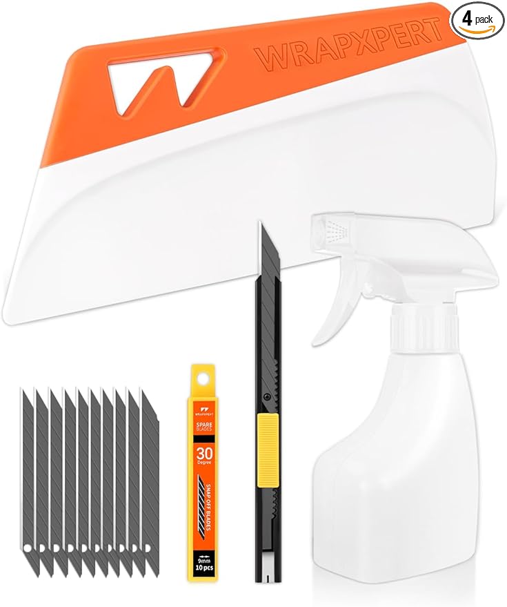 WRAPXPERT Window Film Tools, Window Privacy Film & Peel and Stick Wallpaper Tool Kit, 4-in-1 DIY Starter Set with Smoothing Squeegee, Utility Knife and Blades & 180ml Adjustable Spray Bottle