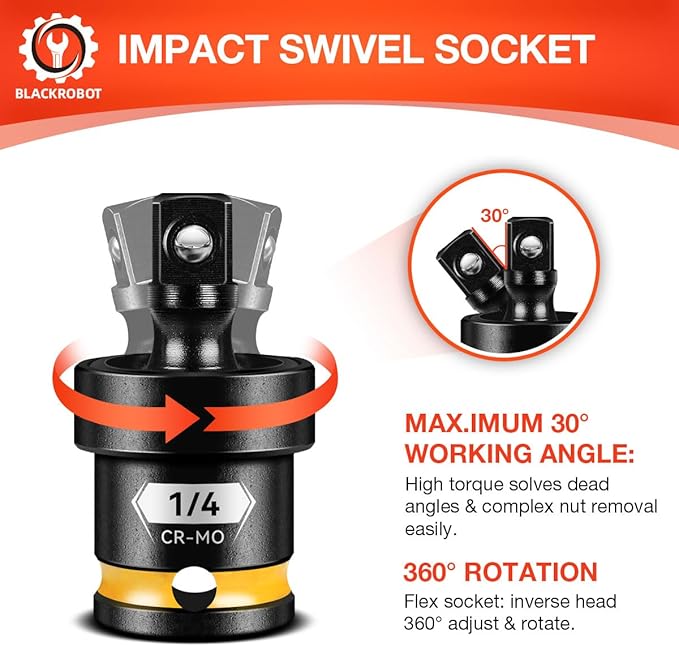 BLACKROBOT 1/4" Drive Impact Universal Joint Set, CR-MO Swivel Socket Adapter for Bicycle Repair & Home DIY, Flexibly Reach Tight-Angle Fasteners